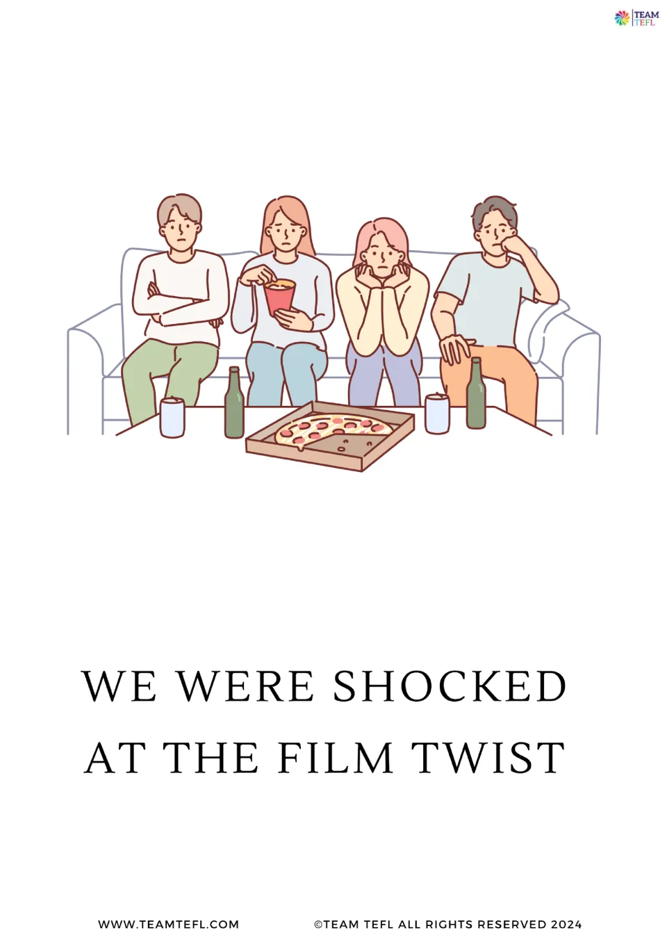 Full-size we were card: four friends on a sofa with pizza looking shocked above We were shocked at the film twist