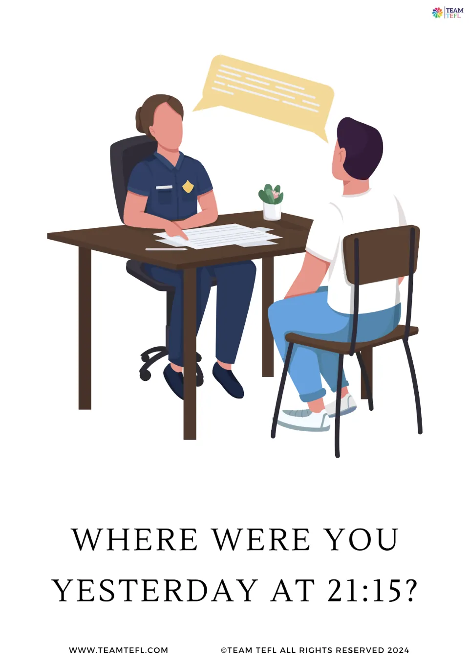 Question card with were: a police officer interviewing a man above Where were you yesterday at 21:15?