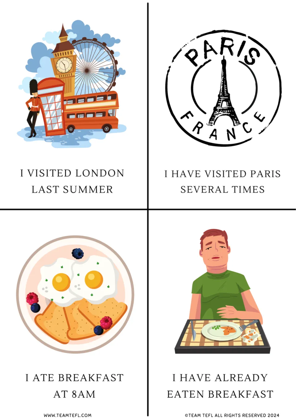 Grammar cards 1–4 contrast past simple and present perfect through visits to London and Paris and breakfast.