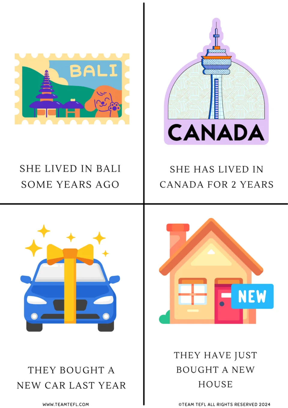 Grammar cards 5–8 contrast past simple and present perfect through living in Bali and Canada and purchases.
