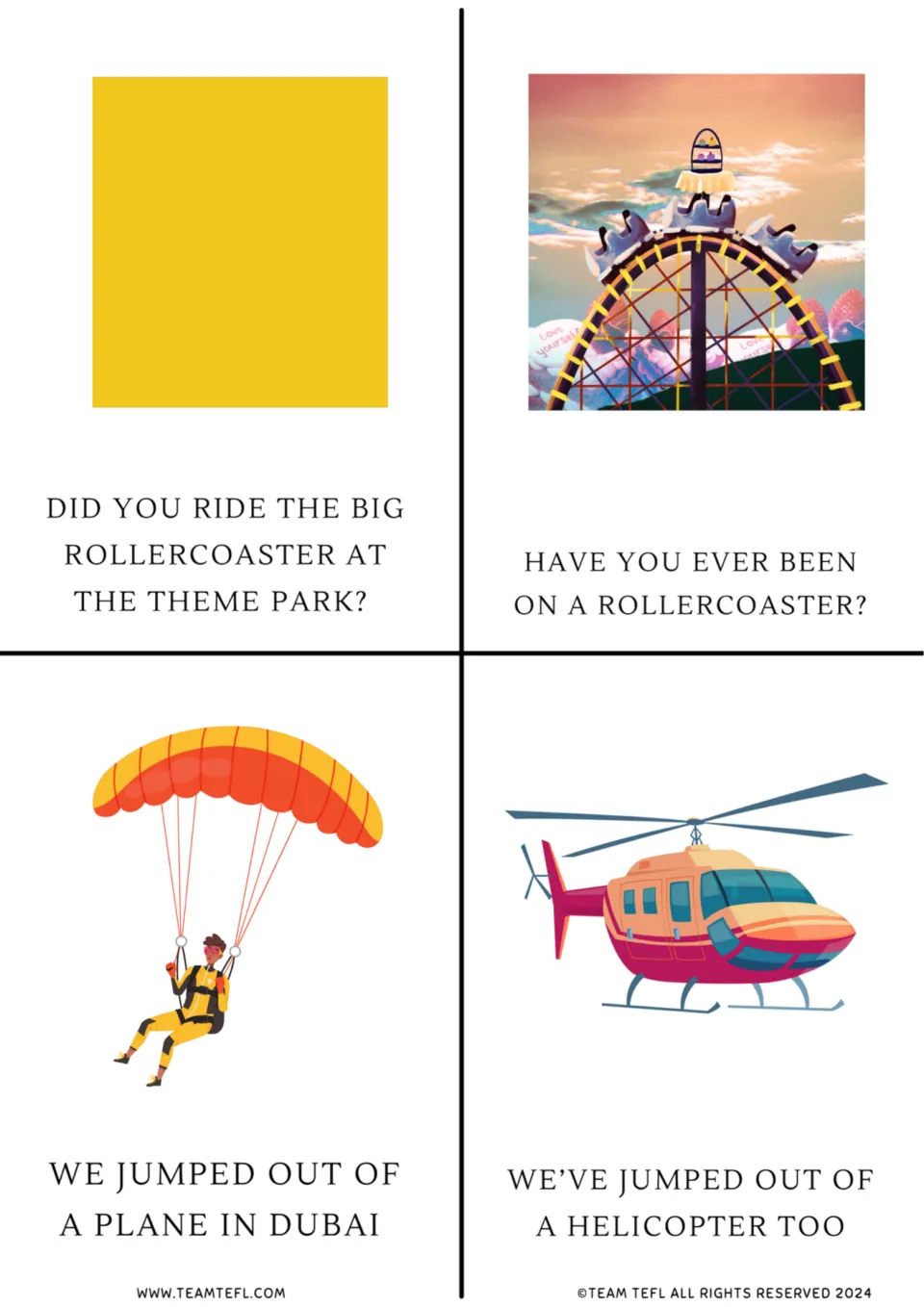 Grammar cards 9–12 compare past simple and present perfect in roller coaster questions and parachuting statements.
