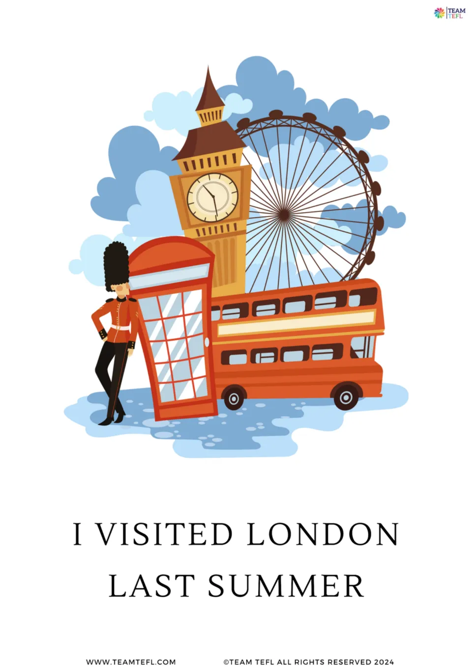 Full-page grammar card 1: 'I visited London last summer,' a past simple example illustrated by London landmarks.