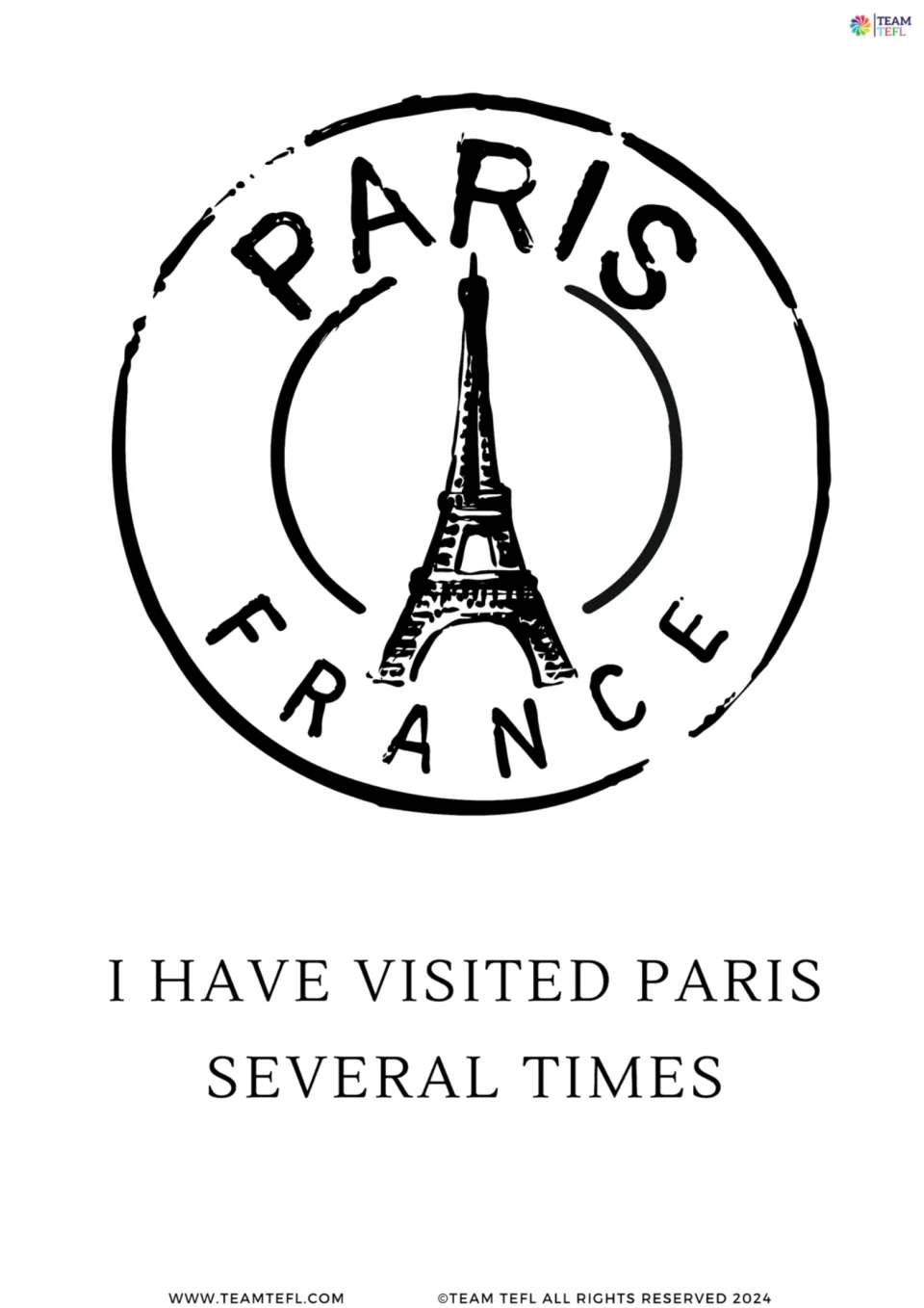 Full-page grammar card 2: 'I have visited Paris several times,' a present perfect example with an Eiffel Tower stamp.