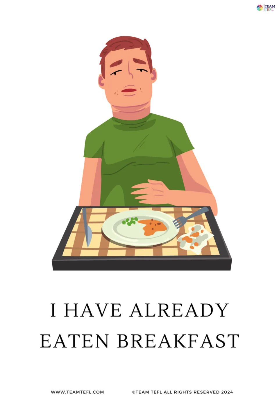 Full-page grammar card 4: 'I have already eaten breakfast,' a present perfect example showing a person after eating.