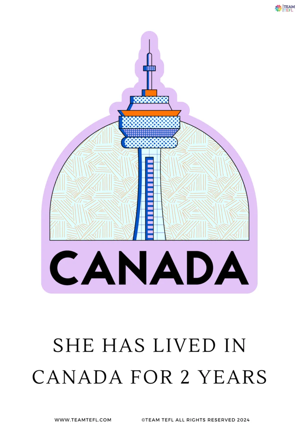 Full-page grammar card 6: 'She has lived in Canada for 2 years,' a present perfect example illustrated by a tower.