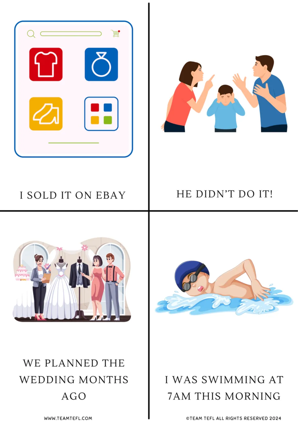 Past tense flashcards 1–4: selling on eBay, denying an action, planning a wedding, and swimming at 7 a.m.