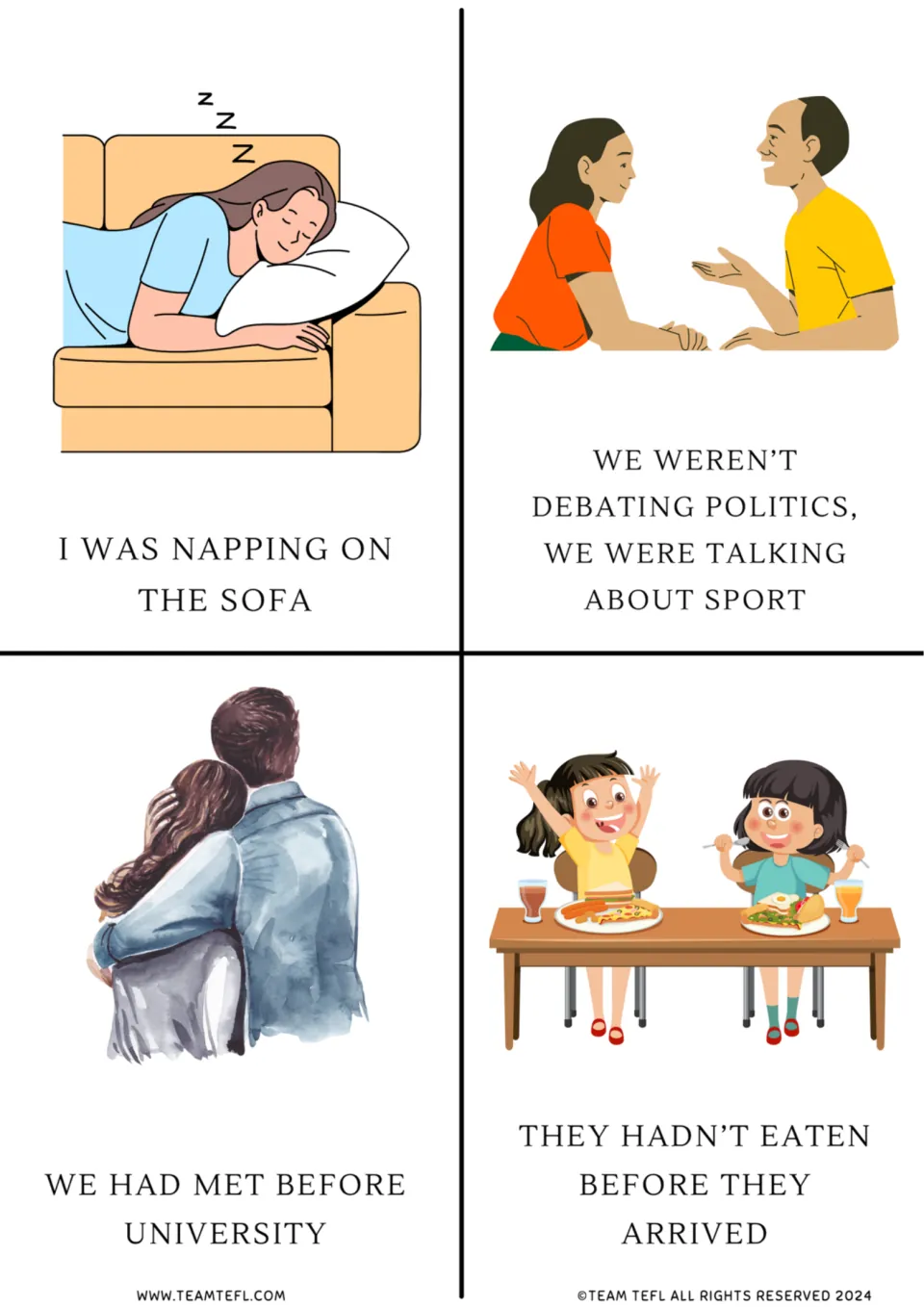 Past tense flashcards 5–8: napping, talking about sports, meeting before university, and not eating before arrival.