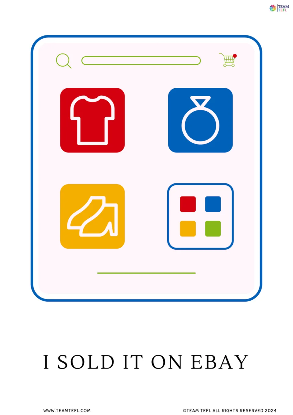 Full-page past tense flashcard 1: “I sold it on eBay,” illustrated with an online shopping screen.