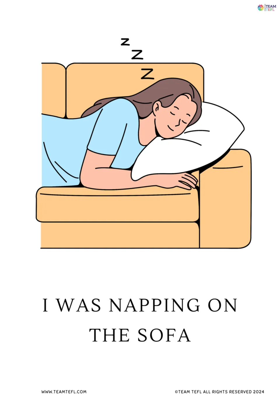 Full-page past tense flashcard 5: “I was napping on the sofa,” illustrated by a person asleep on a couch.