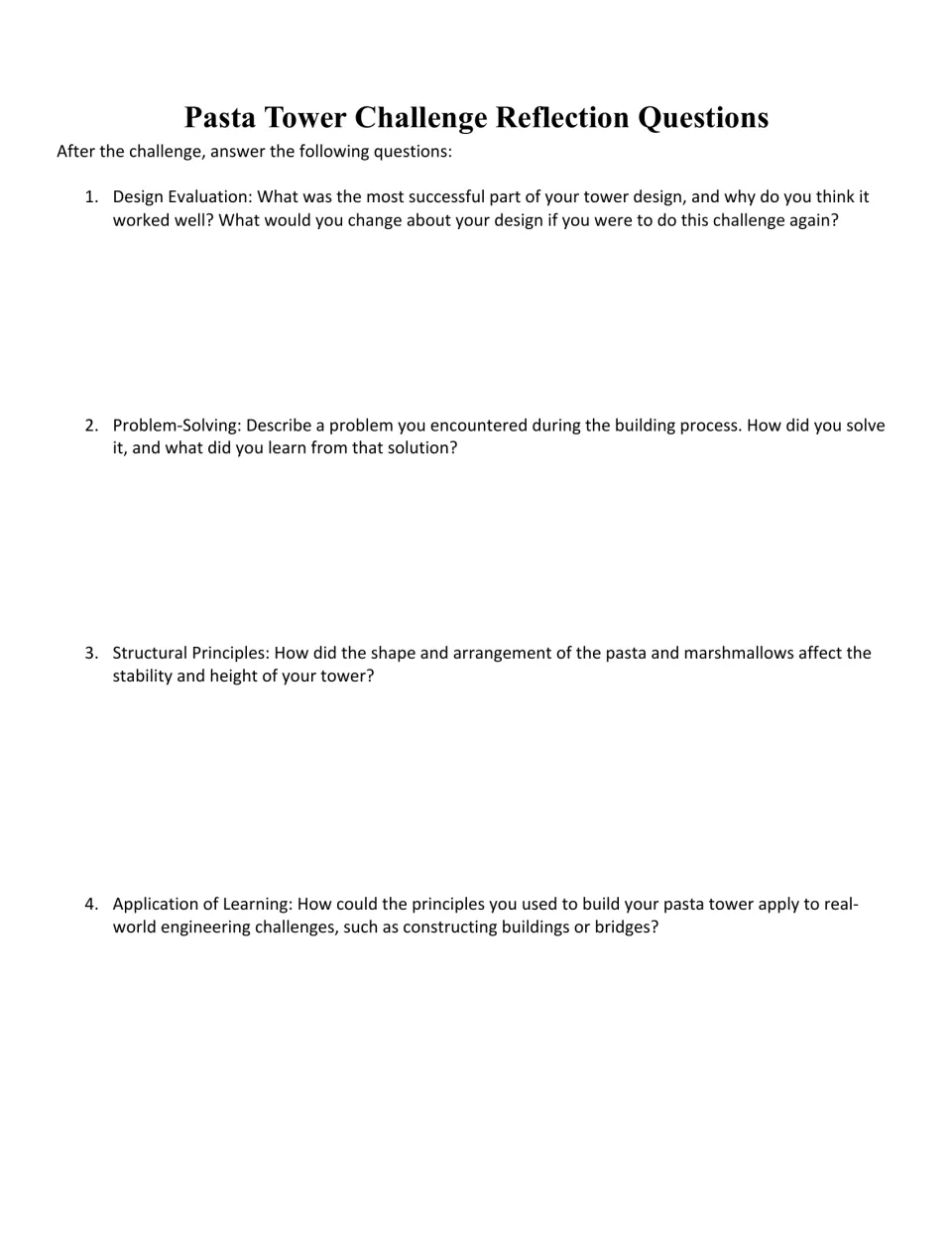 Reflection questions: students evaluate their tower design, a problem they solved, structural principles and real-world uses