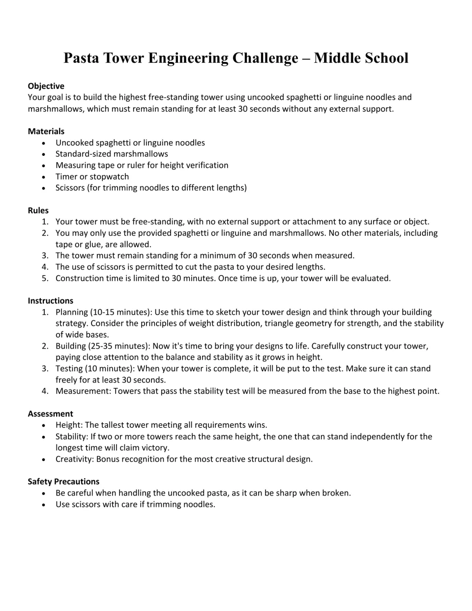 Pasta tower challenge brief: objective, materials, rules, timed steps and scoring for a spaghetti and marshmallow tower