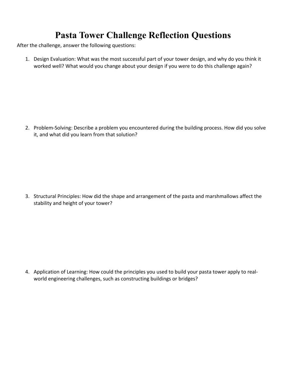 Reflection questions: students evaluate their tower design, a problem they solved, structural principles and real uses