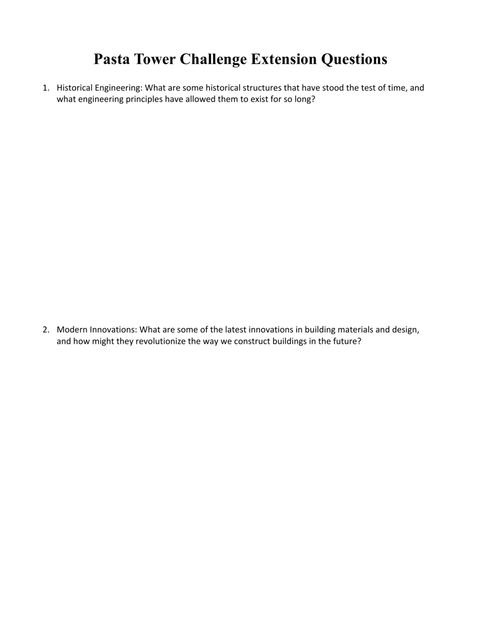 Extension questions: students write about long-lasting historical structures and modern building material innovations