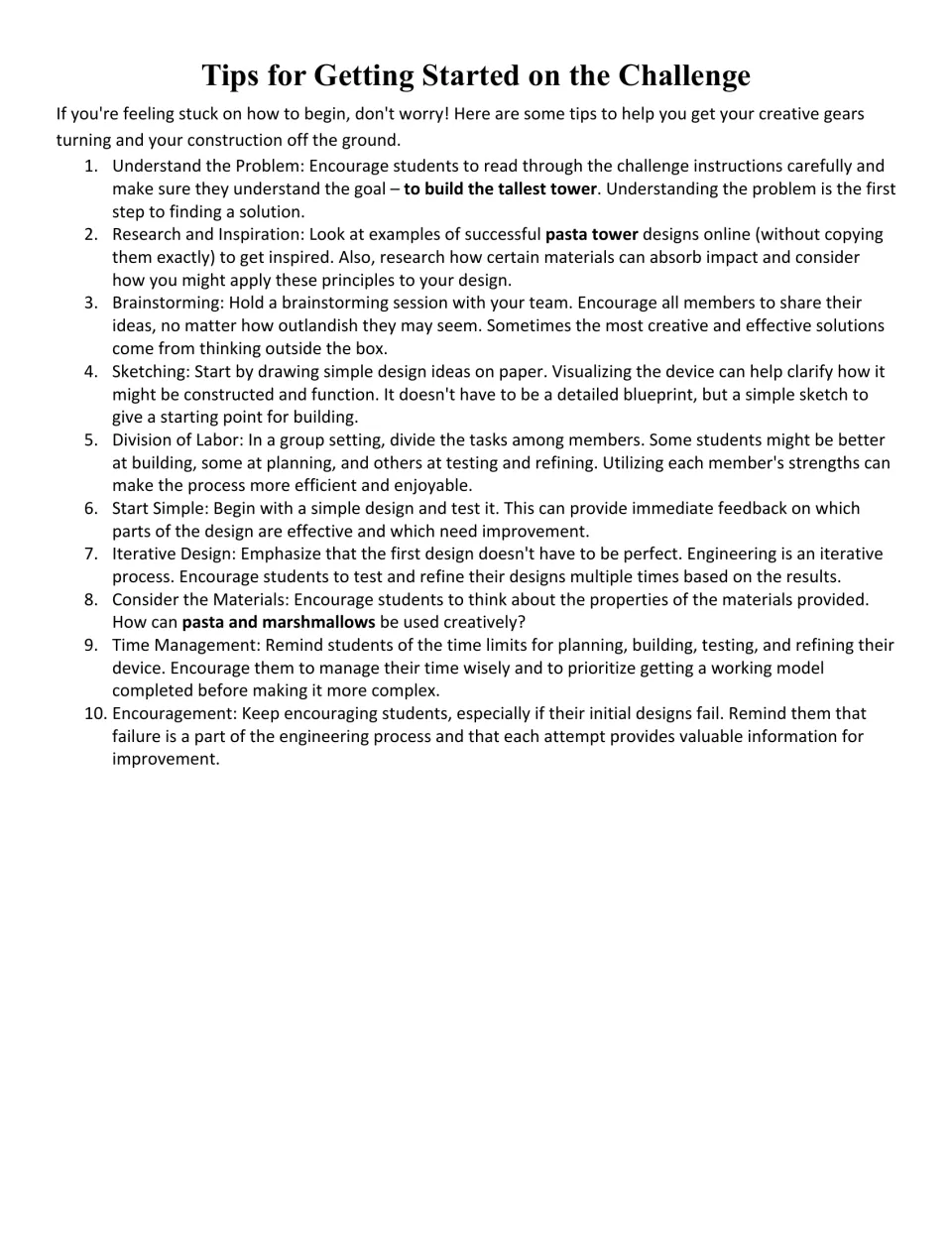 Tips for getting started: ten strategies such as brainstorming, sketching, division of labor and iterative design