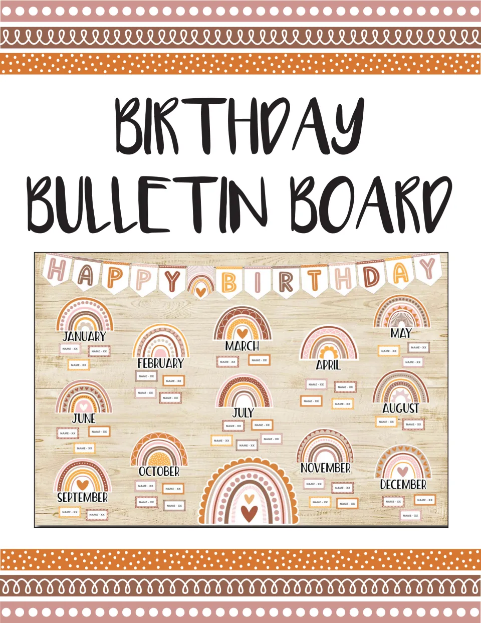 Birthday bulletin board kit cover showing the assembled banner, all 12 birthday months and student name labels