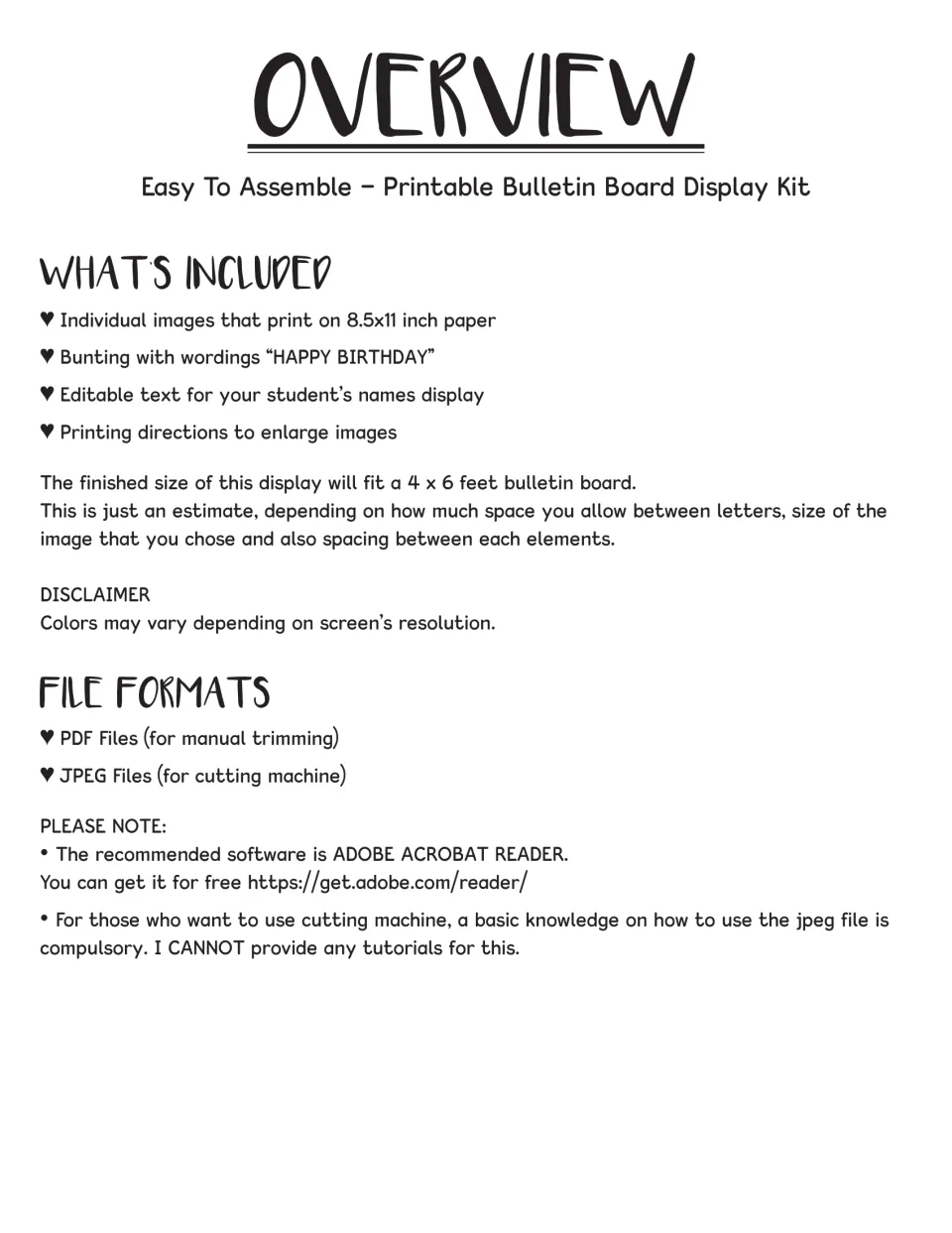 Birthday display kit overview listing banner pieces, editable student names, PDF and JPEG files, and sizing