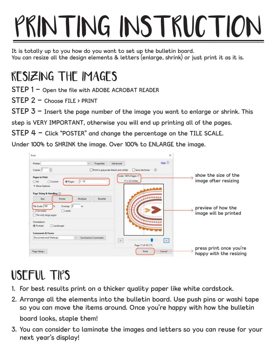 Birthday display printing instructions explain resizing in Adobe Acrobat Reader and offer assembly tips