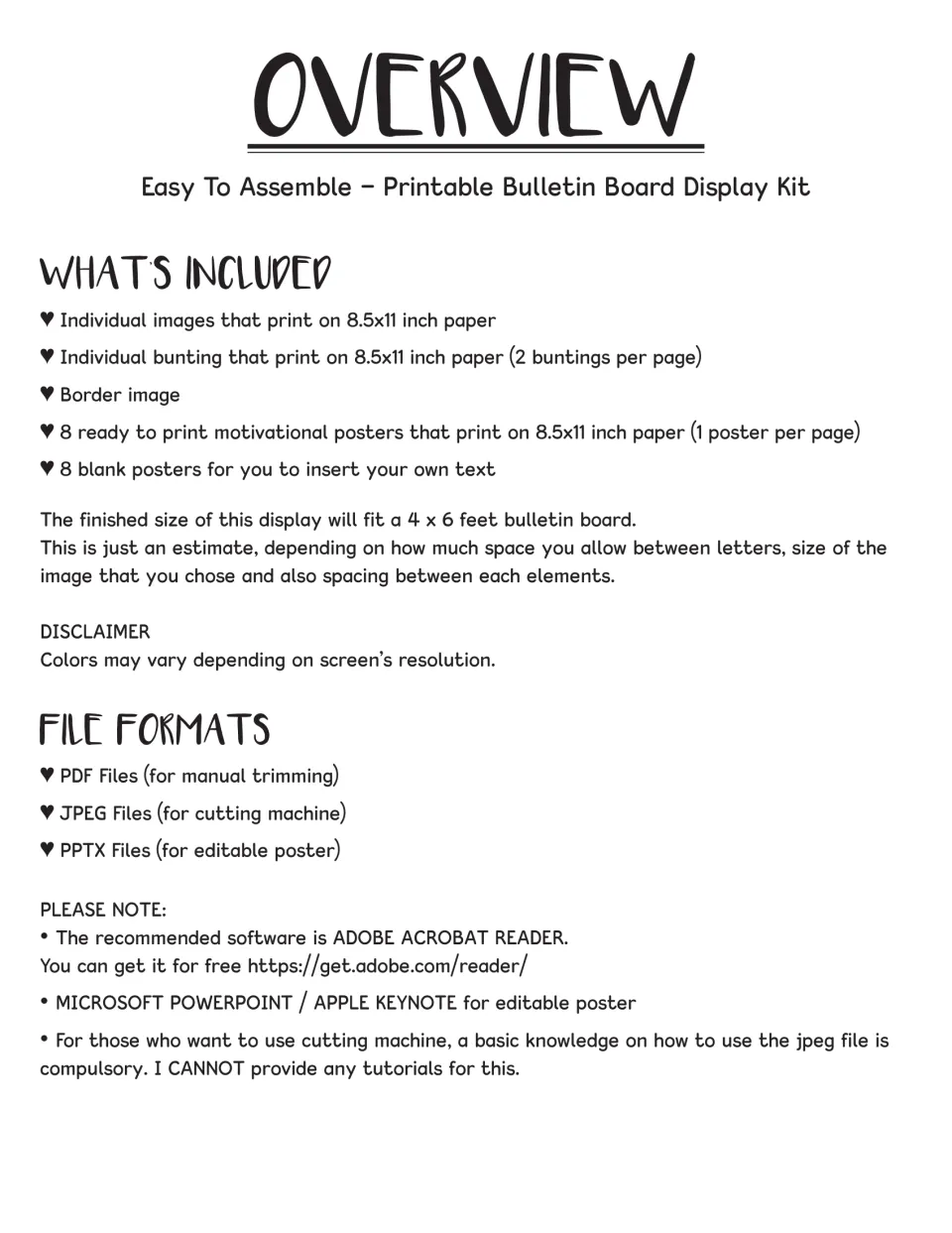 Kit overview listing images, 2-per-page bunting, edging, 8 motivational and 8 blank posters, plus PDF, JPEG and PPTX files