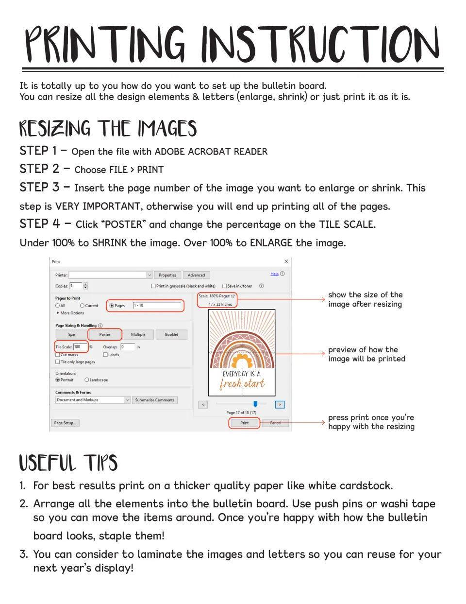 Printing instructions: four steps to resize images with Acrobat's Poster tile scale, plus cardstock and laminating tips