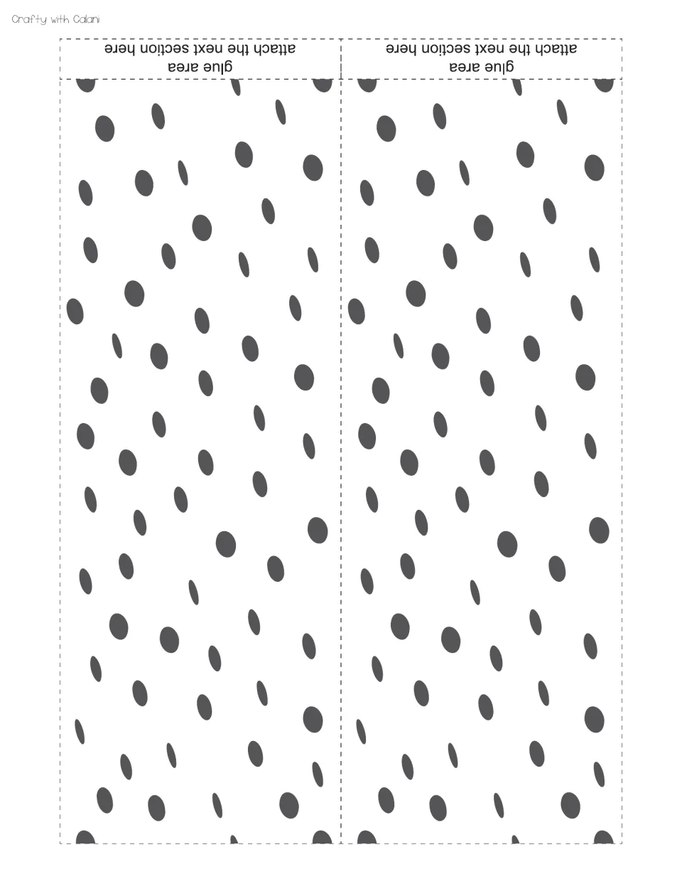 Cut-out piece: two strips of white edging with charcoal polka dots, each with a glue area tab to attach the next section