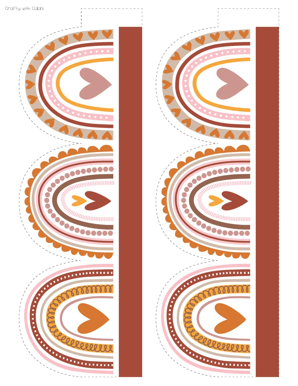 Cut-out piece: two rainbow edging strips, each with three boho rainbows around hearts and a tab to join the next strip