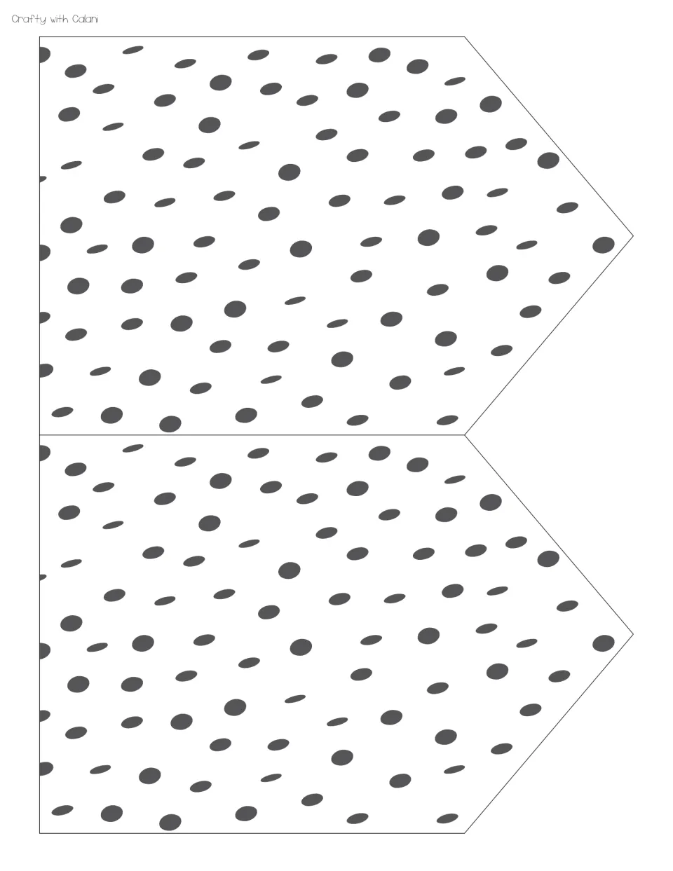 Bunting pennants: two white pointed flags covered in charcoal polka dots, printed sideways to cut out and string together