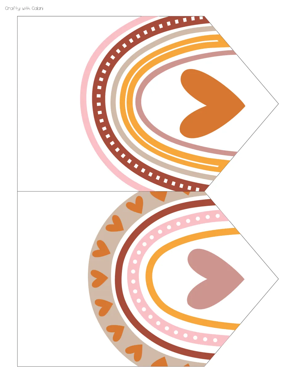 Bunting pennants: two white flags each showing a pastel boho rainbow around a heart, one orange heart and one pink heart