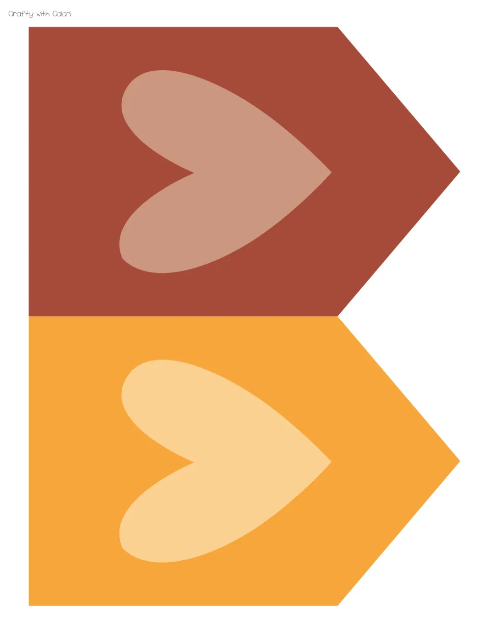 Bunting pennants: one rust flag with a peach heart and one golden orange flag with a pale yellow heart