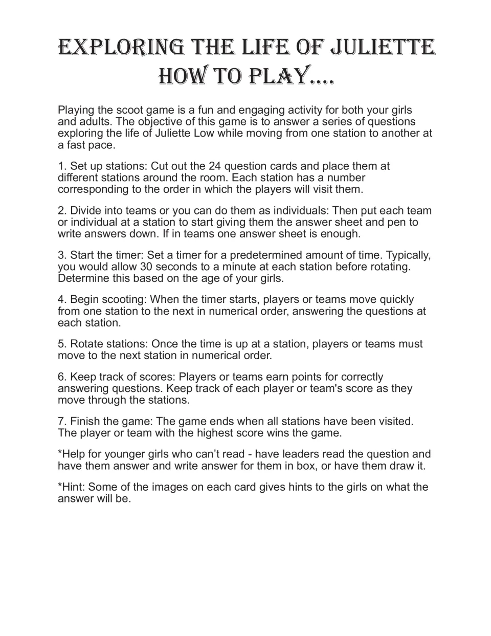 How to play the scoot game: seven steps for setting up 24 stations, timing rotations, scoring and finishing, plus a hint