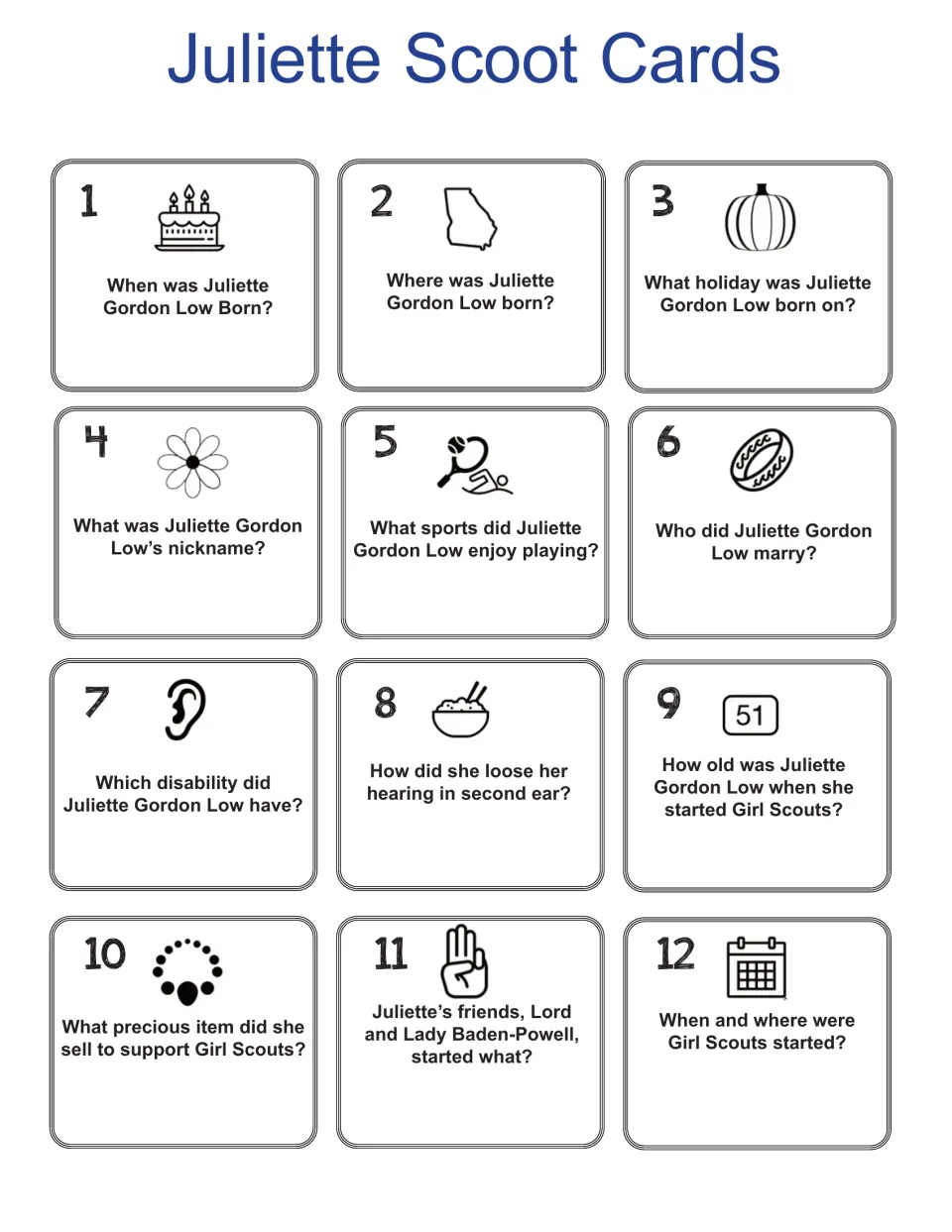 Scoot cards 1 to 12 about Juliette Gordon Low's life, each with a small icon and a question to answer at its station