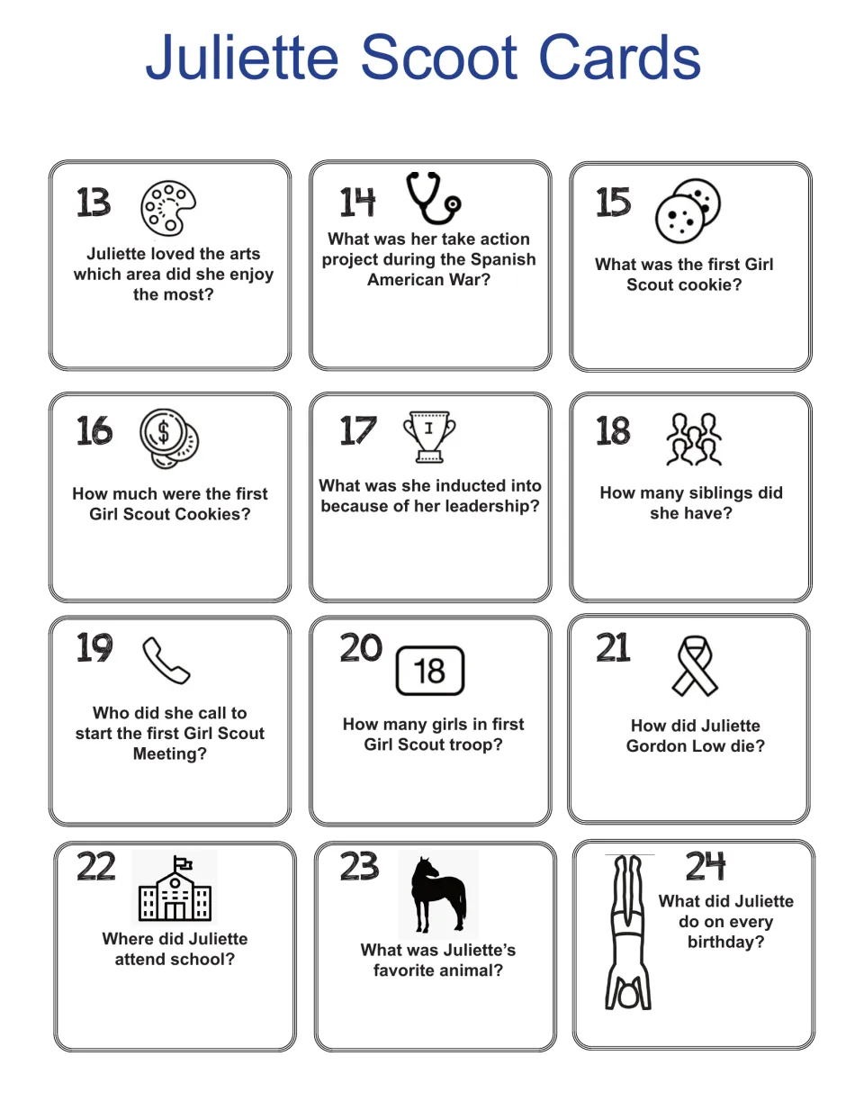 Scoot cards 13 to 24 on Juliette Gordon Low, covering cookies, siblings, school and birthdays, each with an icon hint