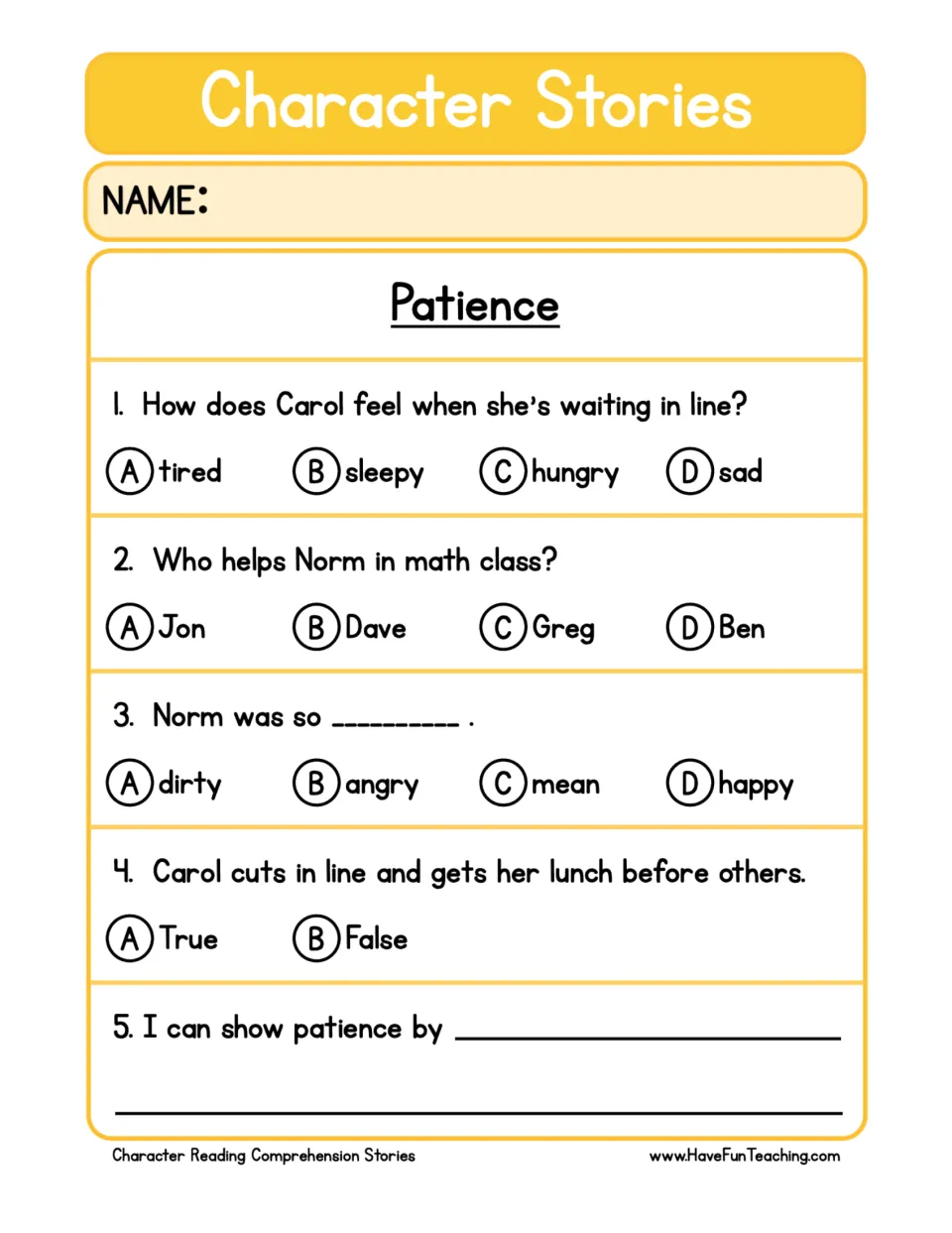 Patience comprehension questions: four multiple-choice and true/false items on the story, plus a sentence to finish