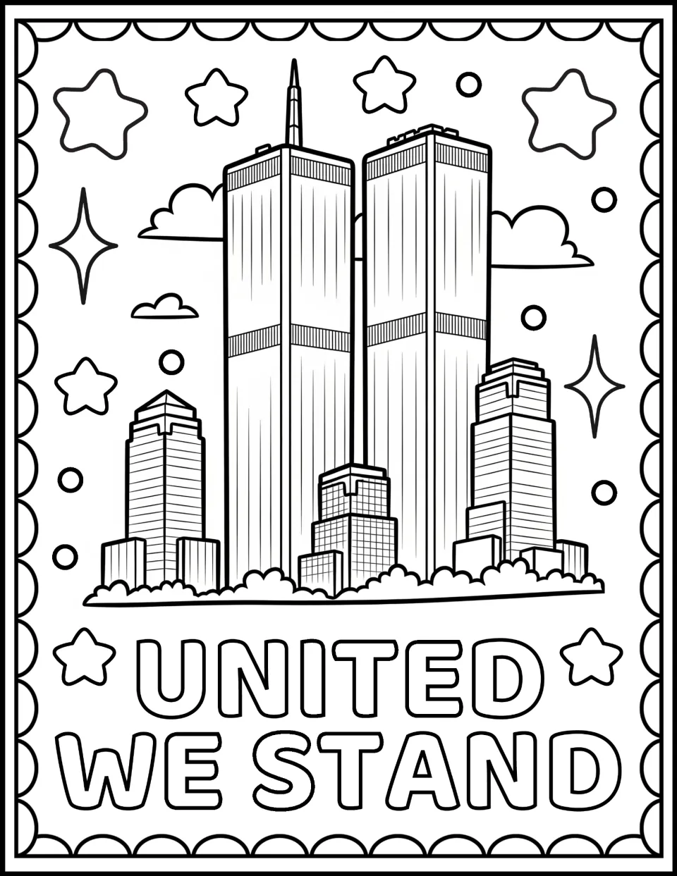 Twin Towers coloring page: students color the two towers in a city skyline with clouds and stars above UNITED WE STAND