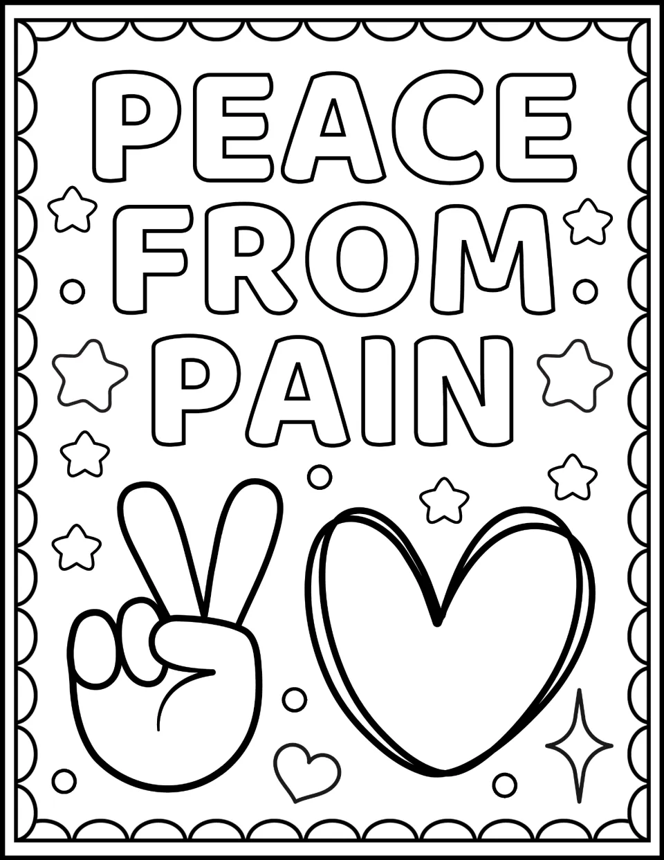 Peace coloring page: students color the words PEACE FROM PAIN, a peace-sign hand and a large heart among small stars