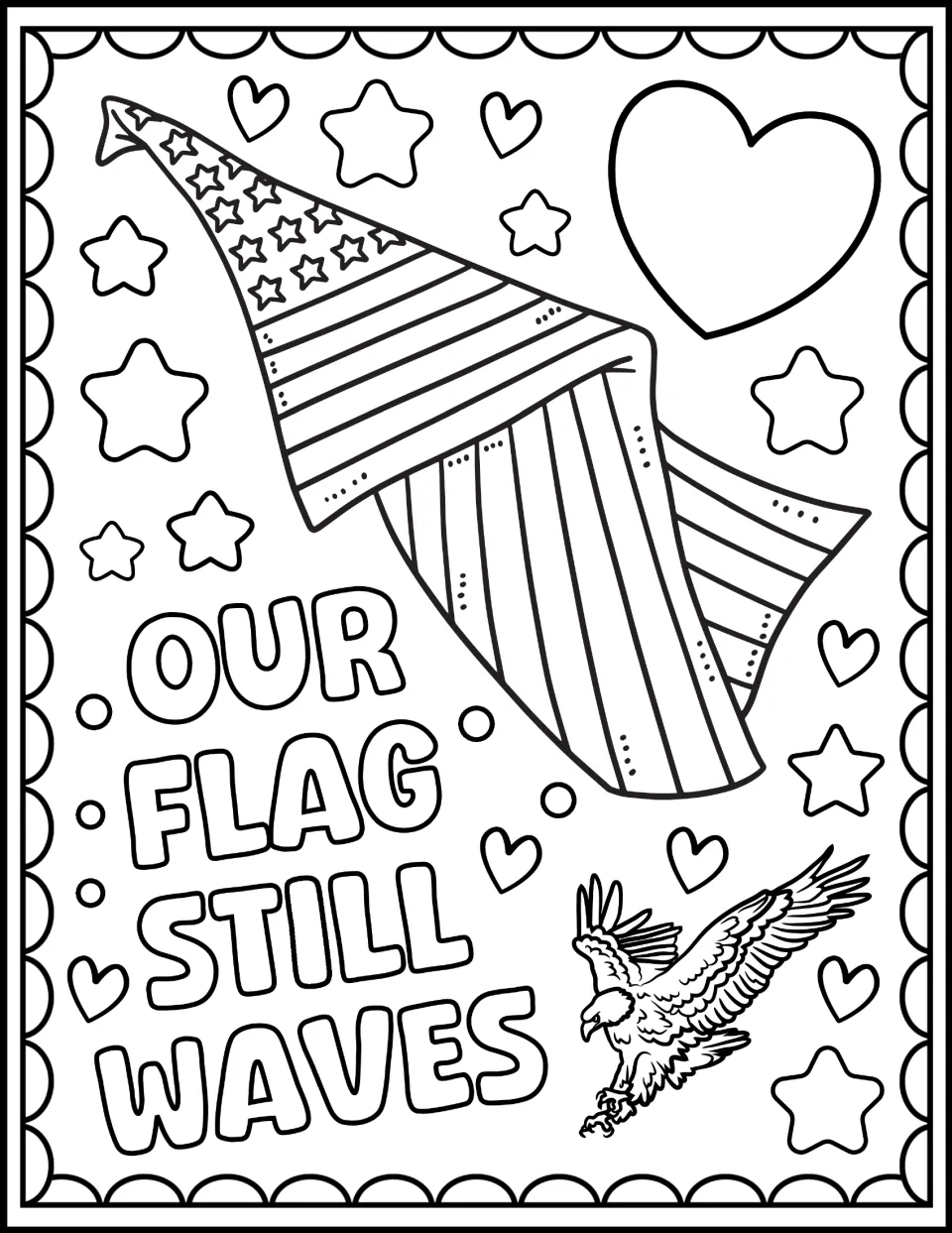 Flag and eagle coloring page: students color a rippling American flag and a flying bald eagle beside OUR FLAG STILL WAVES