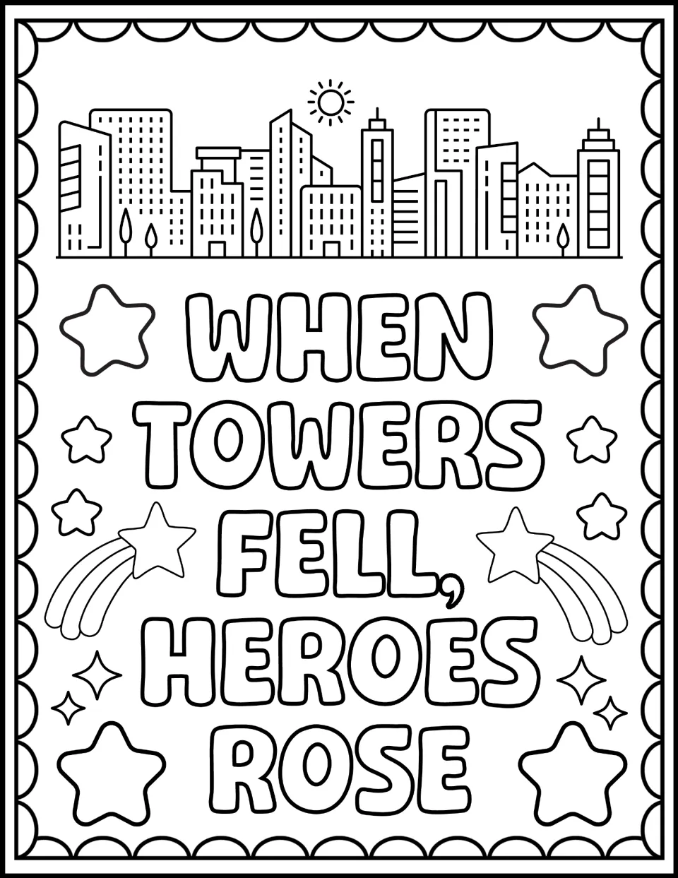 City skyline coloring page: students color a row of buildings and shooting stars around WHEN TOWERS FELL, HEROES ROSE
