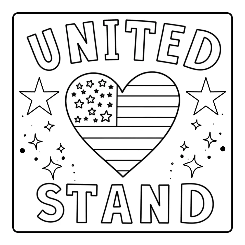 Patriot Day coloring sheet featuring a heart filled with an American flag design and the words 'UNITED STAND'