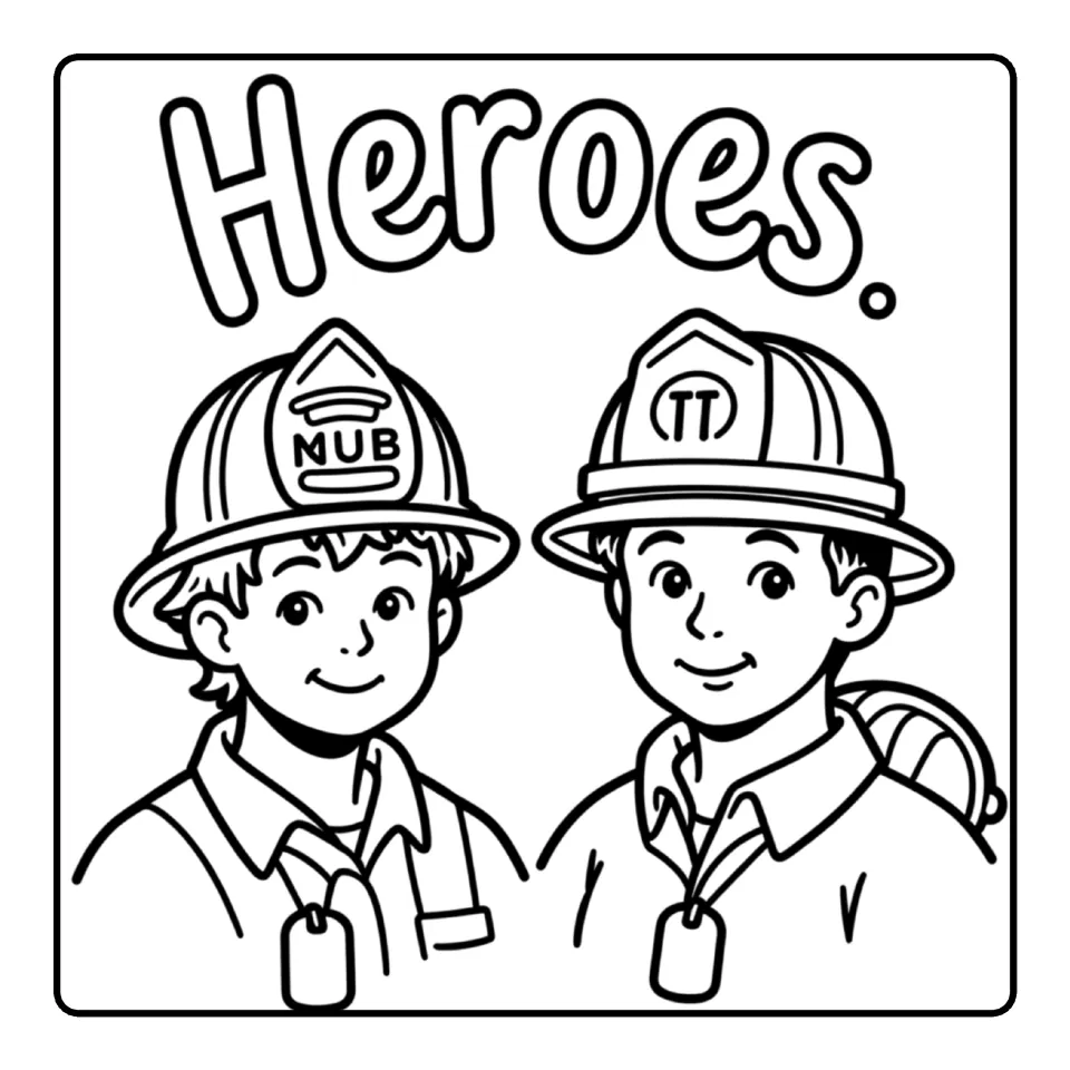 Patriot Day coloring sheet showing two smiling firefighters wearing helmets beneath the heading 'Heroes.'