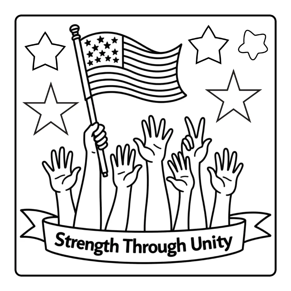 Patriot Day coloring sheet showing raised hands, an American flag, and a banner reading 'Strength Through Unity'