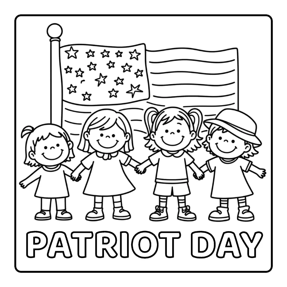Patriot Day coloring sheet showing four children holding hands in front of an American flag above 'PATRIOT DAY'