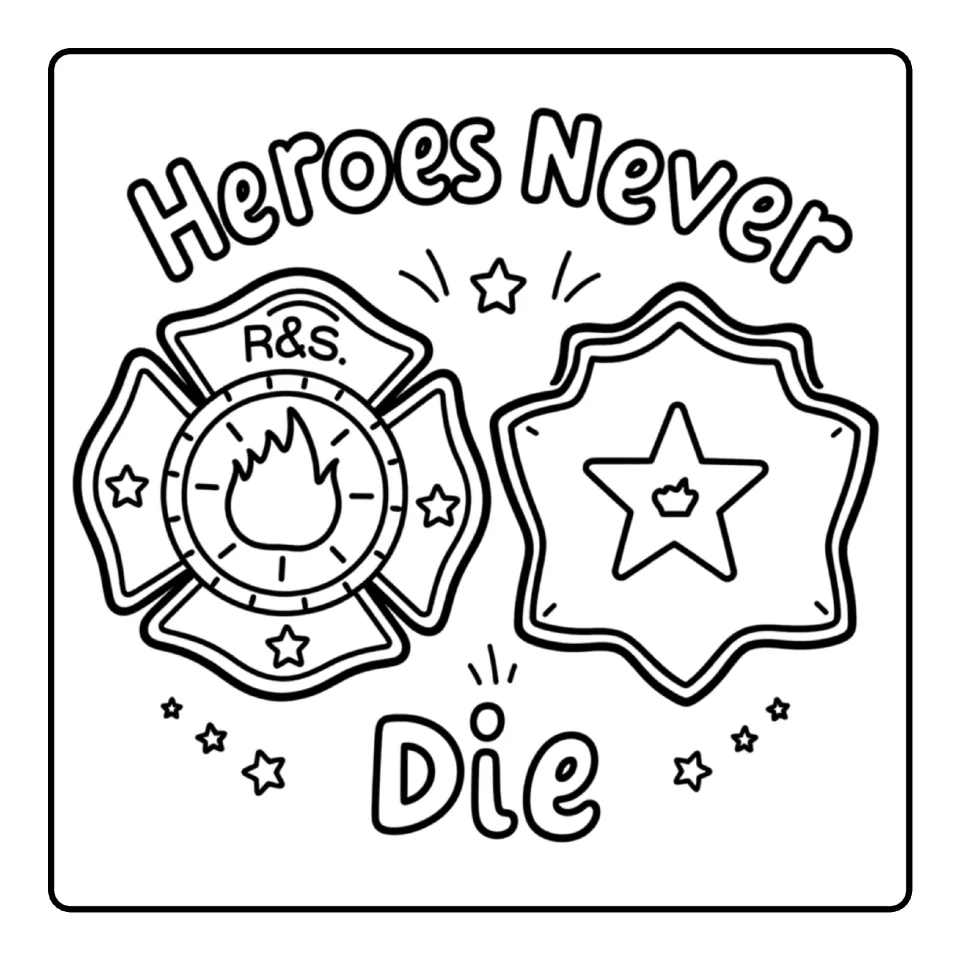 Patriot Day coloring sheet featuring a firefighter emblem and a star badge with the words 'Heroes Never Die'