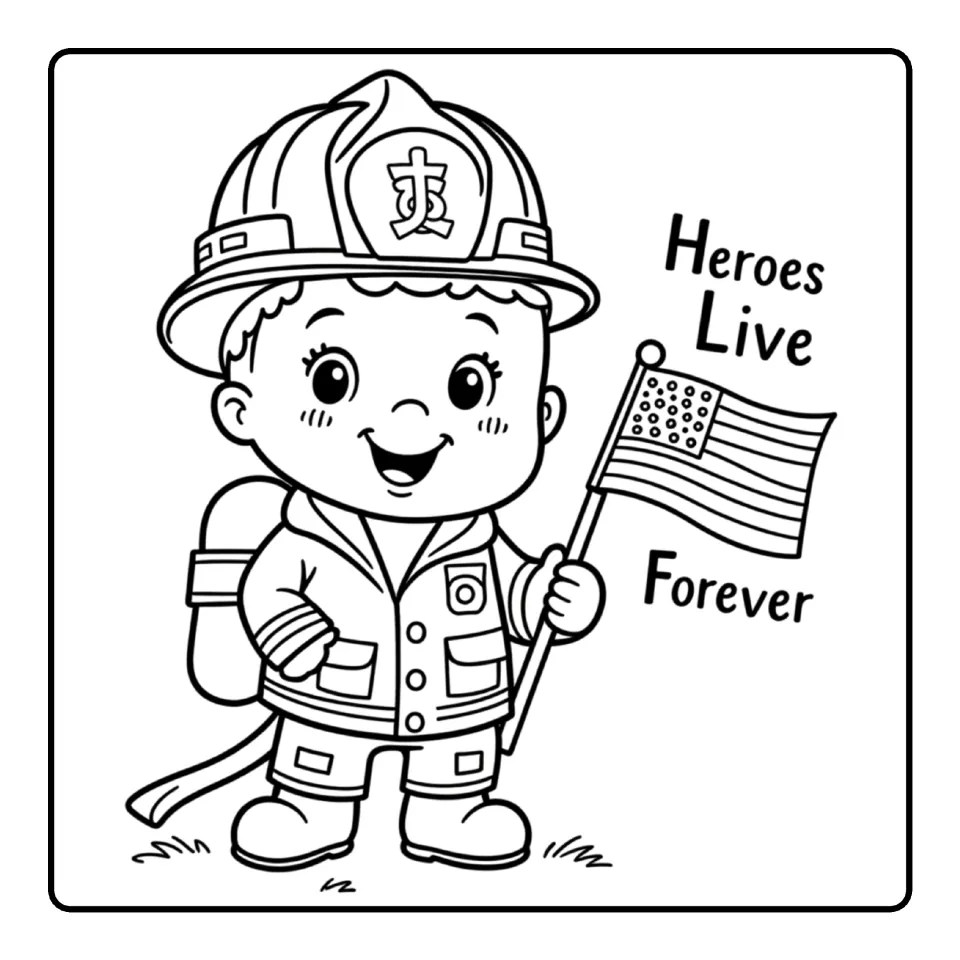 Patriot Day coloring sheet showing a young firefighter holding an American flag beside 'Heroes Live Forever'