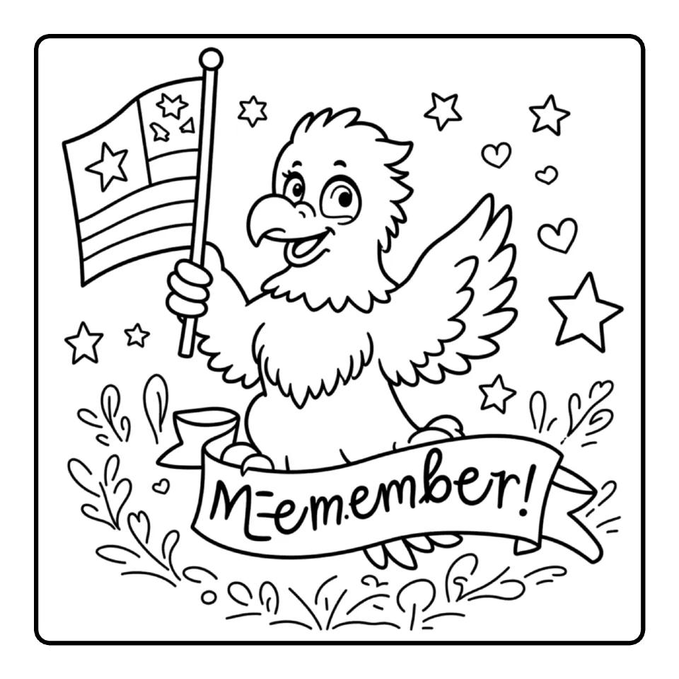 Patriot Day coloring sheet featuring a smiling eagle holding a flag and perched behind a lettered banner