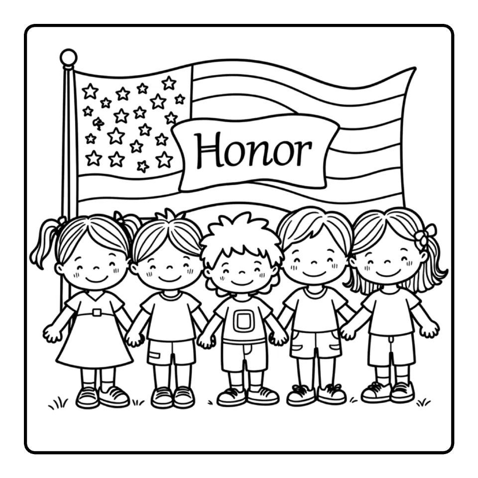 Patriot Day coloring sheet showing five children holding hands beneath an American flag and an 'Honor' banner