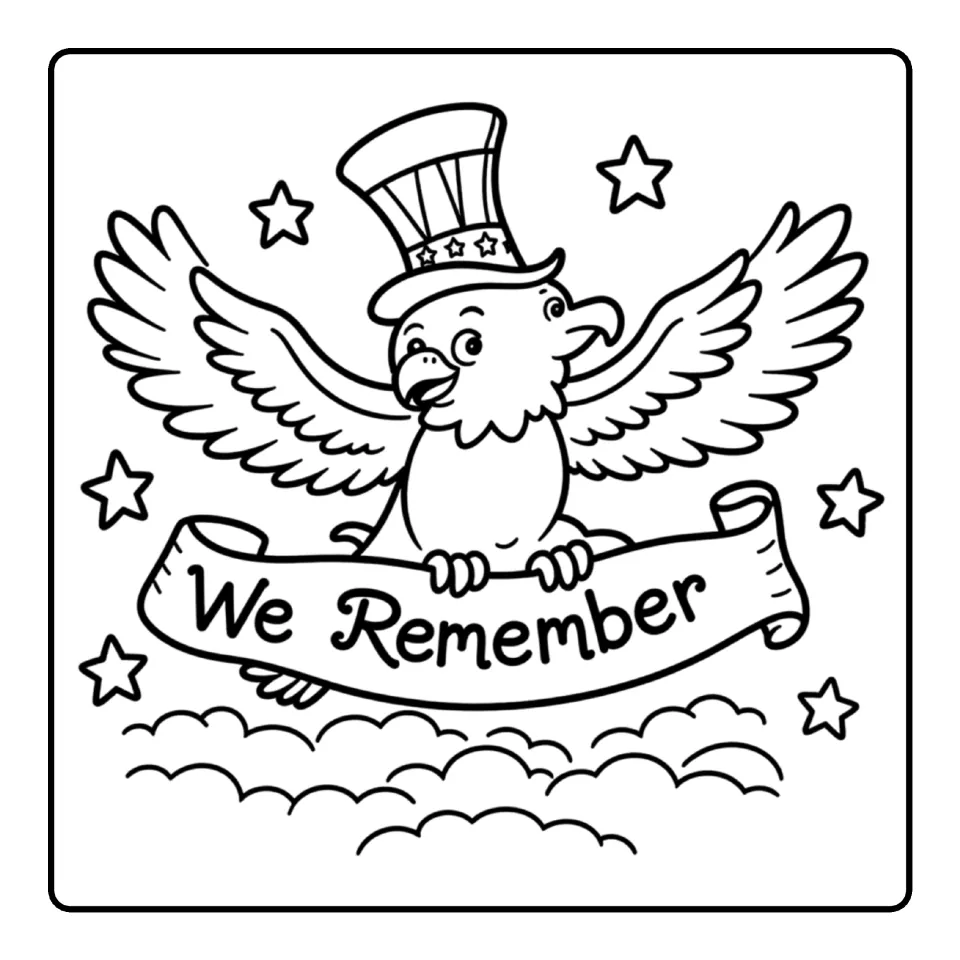 Patriot Day coloring sheet featuring an eagle in a stars-and-stripes top hat above a 'We Remember' banner