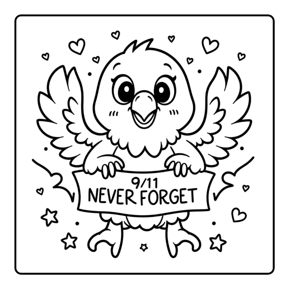Patriot Day coloring sheet showing a smiling eagle spreading its wings and holding a '9/11 NEVER FORGET' sign