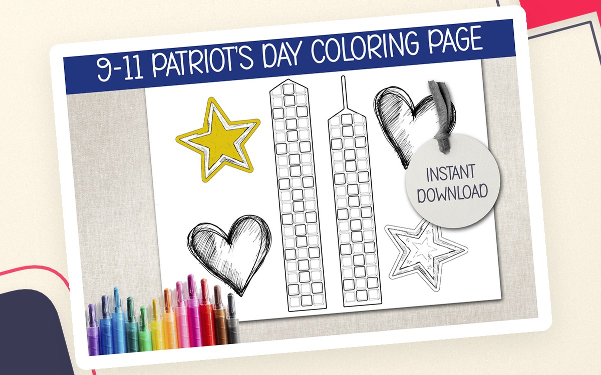 Patriot Day coloring-page preview with outlined Twin Towers, hearts, stars, colored pencils, and a September 11 header.