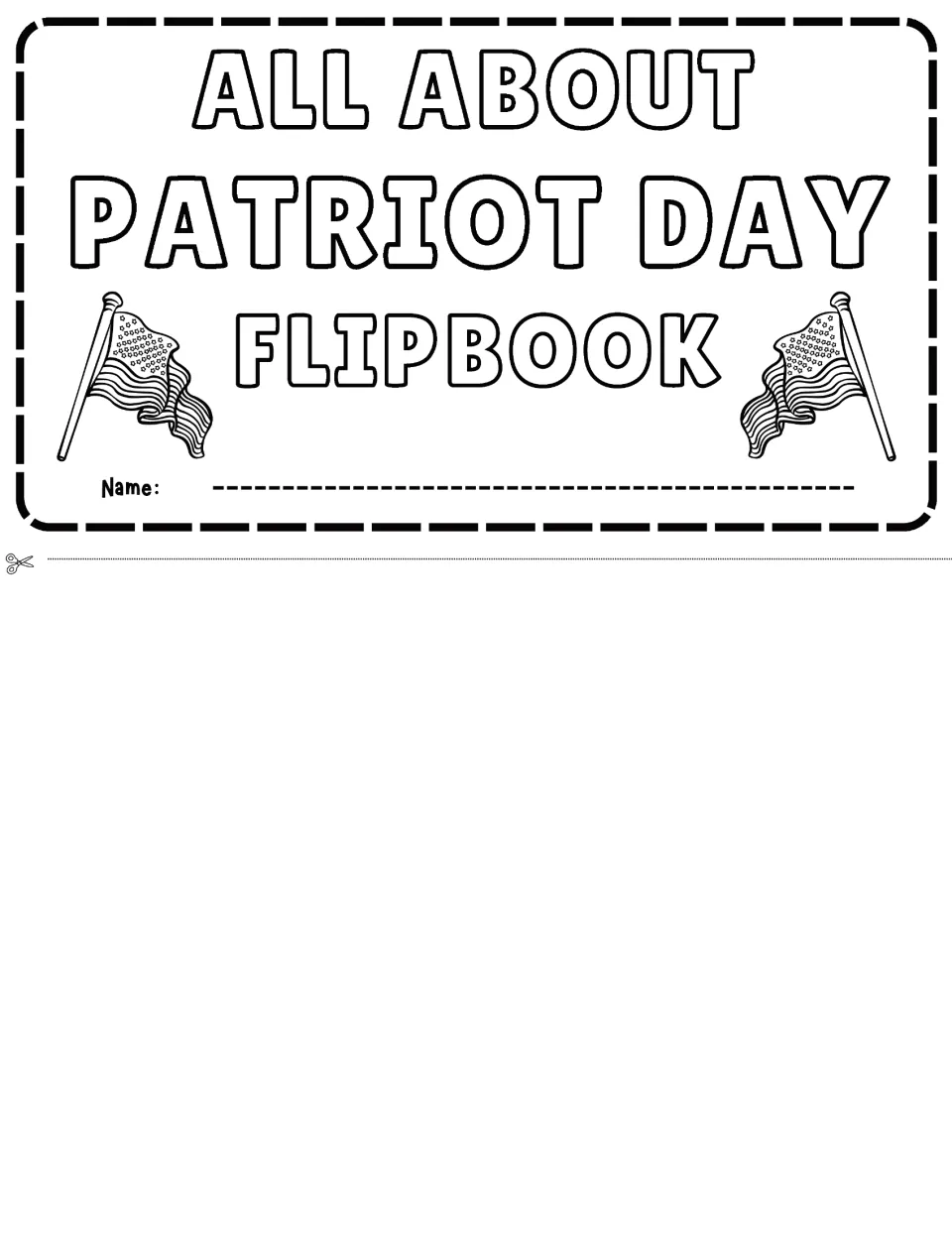 Cover of the Patriot Day flipbook titled 'All About Patriot Day Flipbook,' with a space for the student's name.