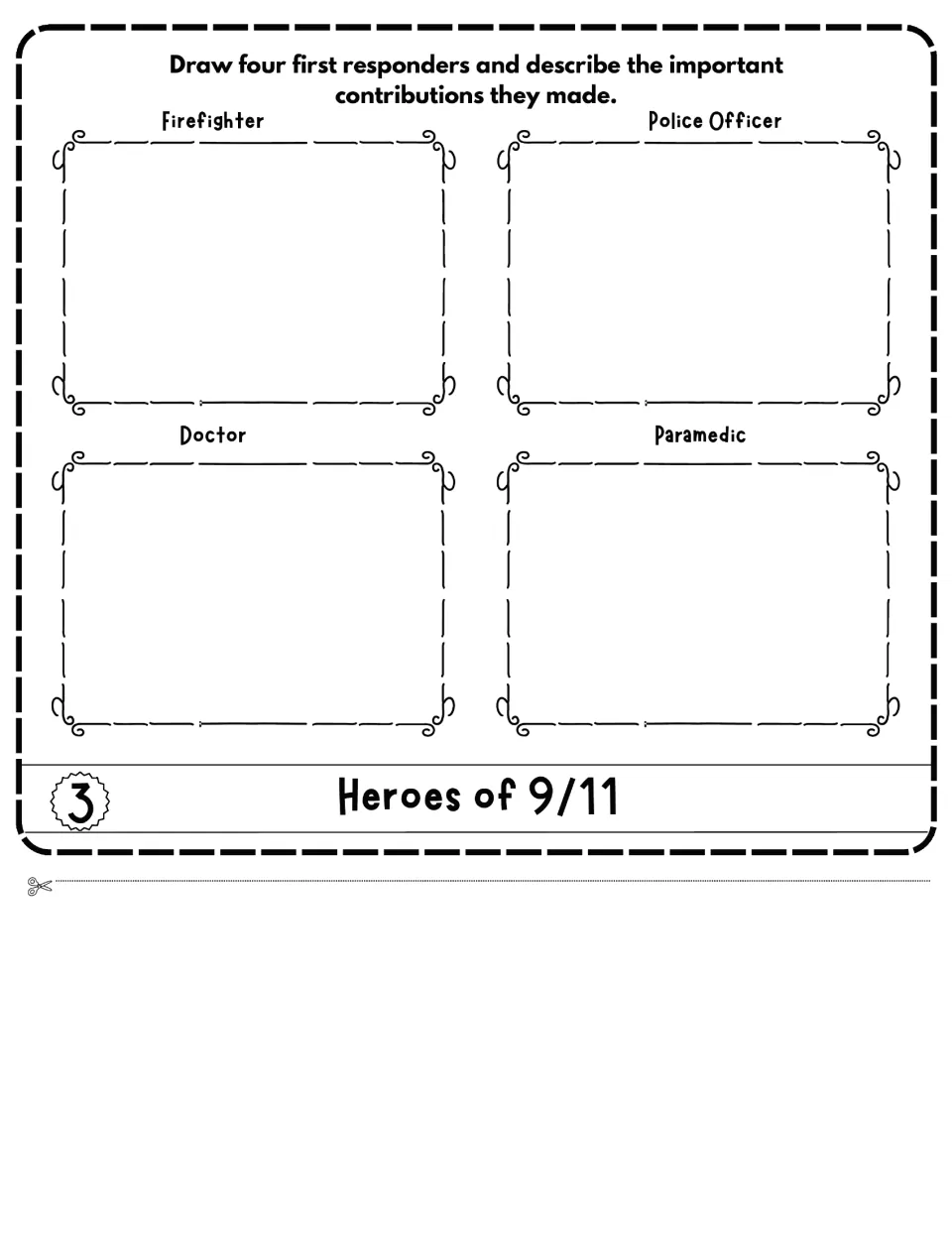 Flipbook activity 3 asks students to draw and describe a firefighter, police officer, doctor, and paramedic.