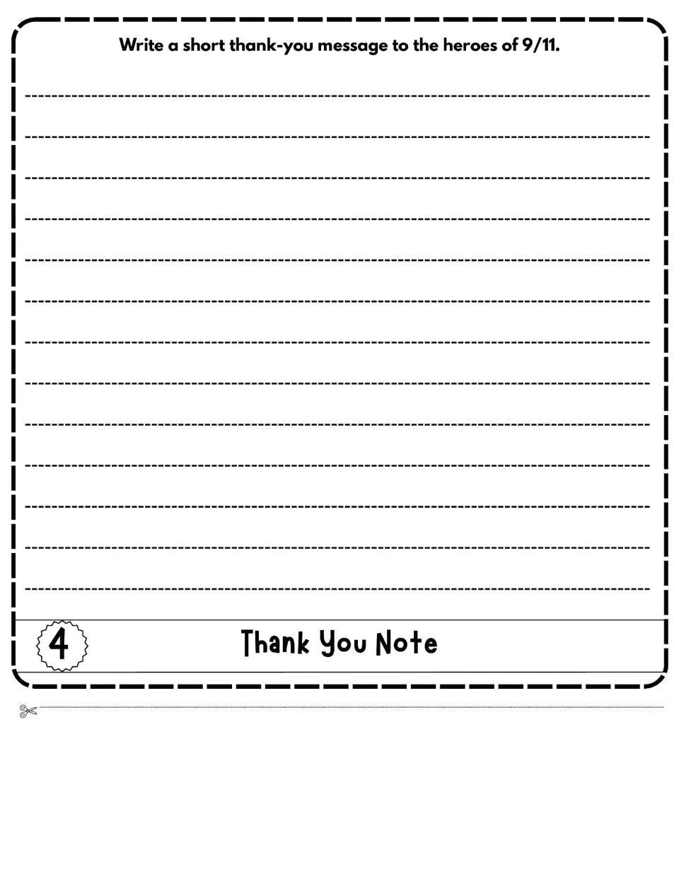 Patriot Day flipbook activity 4 asks students to write a short thank-you message to the heroes of 9/11.